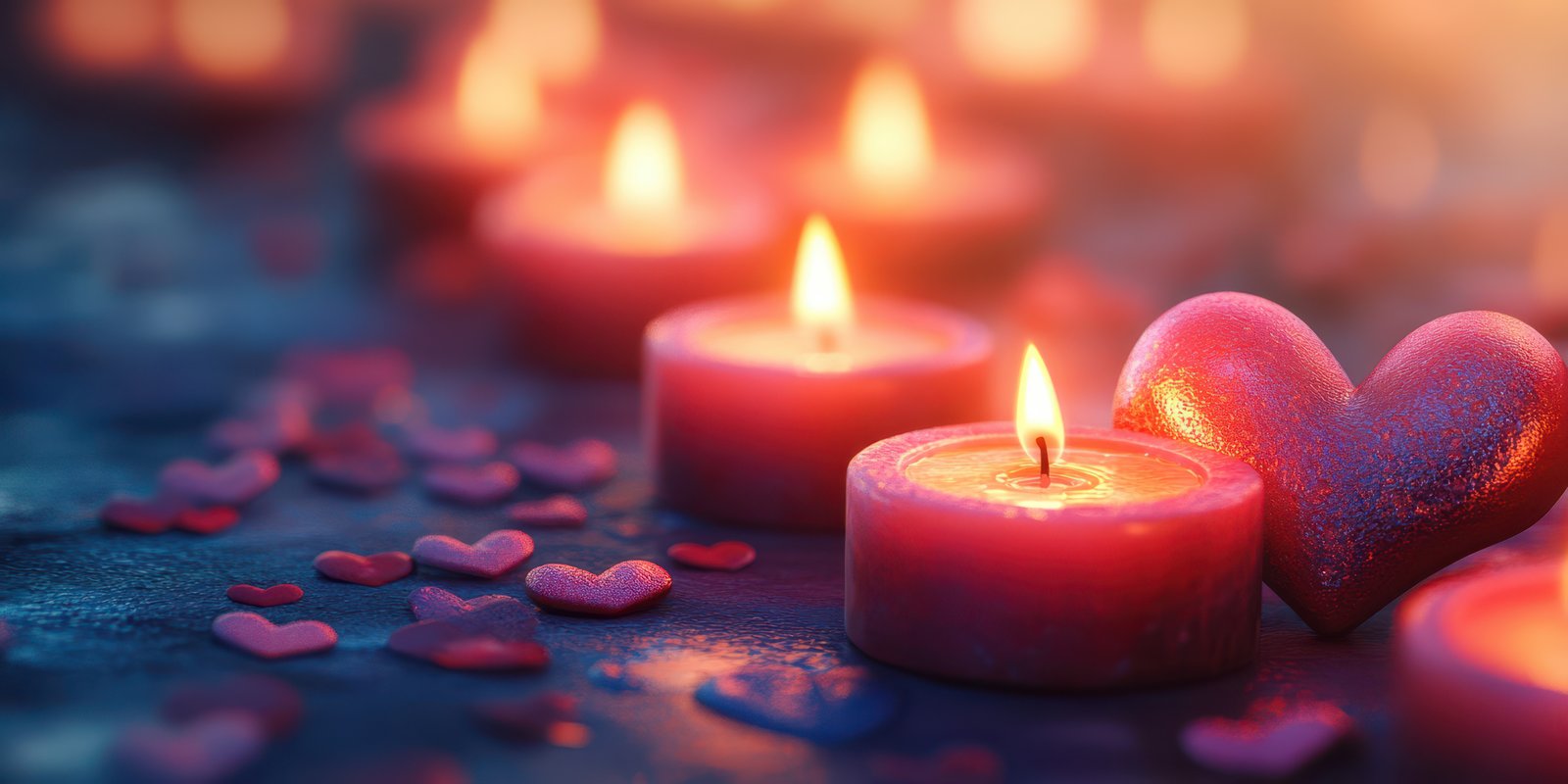 Romantic candlelight setting with heart-shaped decorations for a cozy evening at home